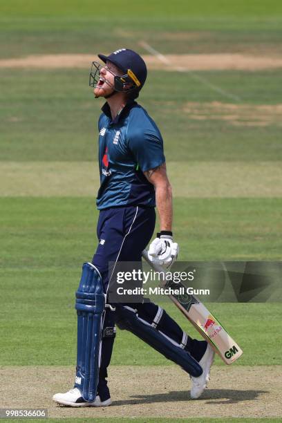 Ben Stokes of England reacts after being dismissed during the 2nd Royal London One day International match between England and India at Lords Cricket...