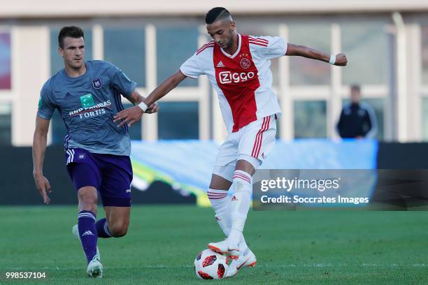 Antonio Milic of Anderlecht, Hakim Ziyech of Ajax during the Club Friendly match between Ajax v Anderlecht at the Olympisch Stadion on July 13, 2018...