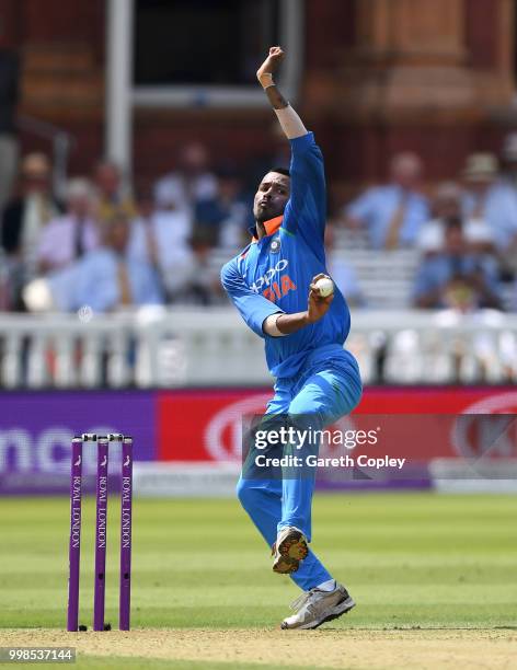 Hardik Pandya of India bowls during the 2nd ODI Royal London One-Day match between England and India at Lord's Cricket Ground on July 14, 2018 in...