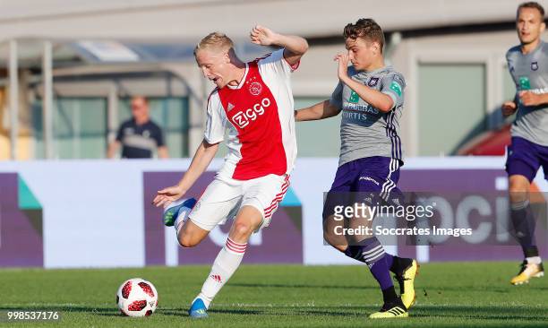 Donny van de Beek of Ajax, Ognjen Vranjes of Anderlecht during the Club Friendly match between Ajax v Anderlecht at the Olympisch Stadion on July 13,...
