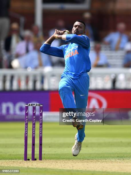 Hardik Pandya of India bowls during the 2nd ODI Royal London One-Day match between England and India at Lord's Cricket Ground on July 14, 2018 in...