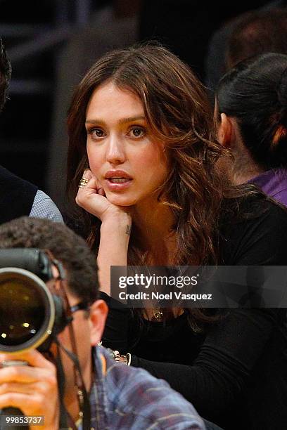 Jessica Alba attends Game One of the Western Conference Finals between the Phoenix Suns and the Los Angeles Lakers during the 2010 NBA Playoffs at...