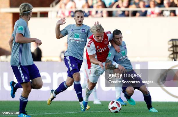 Sebastiaan Bornauw of Anderlecht, Kasper Dolberg of Ajax, Ognjen Vranjes of Anderlecht during the Club Friendly match between Ajax v Anderlecht at...