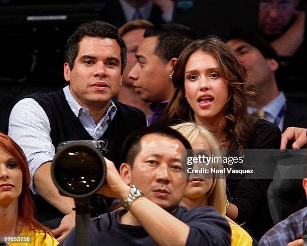 Jessica Alba and Cash Warren attend Game One of the Western Conference Finals between the Phoenix Suns and the Los Angeles Lakers during the 2010 NBA...