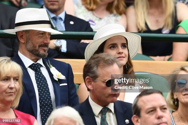 John Vosler and Emma Watson attend day twelve of the Wimbledon Lawn Tennis Championships at All England Lawn Tennis and Croquet Club on July 14, 2018...