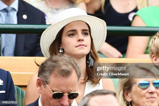 Emma Watson attends day twelve of the Wimbledon Lawn Tennis Championships at All England Lawn Tennis and Croquet Club on July 14, 2018 in London,...