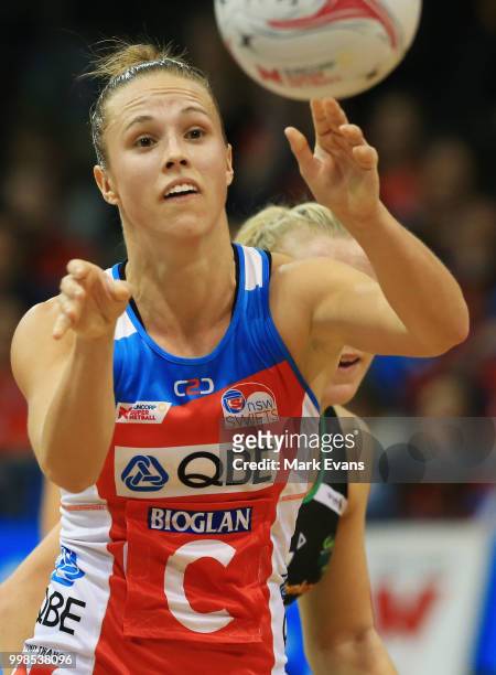 Paige Hadley of the Swifts passes the ball during the round 11 Super Netball match between the Swifts and the Fever at Quay Centre on July 14, 2018...