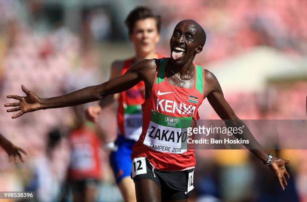 Edward Zakayo Pingua of Kenya crosses the finish line to win gold during the final of the men's 5000m on day five of The IAAF World U20 Championships...