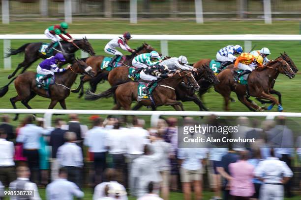 Paul Hanagan riding Burnt Sugar win The bet365 Bunbury Cup Handicap Stakes at Newmarket Racecourse on July 14, 2018 in Newmarket, United Kingdom.