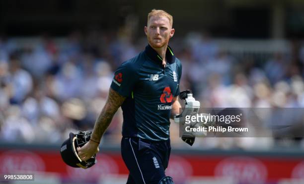 Ben Stokes of England leaves the field after being dismissed during the 2nd Royal London One-Day International between England and India at Lord's...
