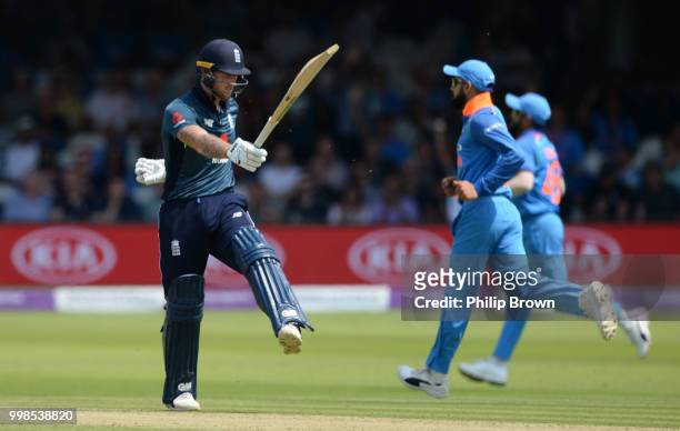 Ben Stokes of England kicks his bat and leaves the field after being dismissed during the 2nd Royal London One-Day International between England and...