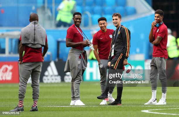Ashley Young, Jesse Lingard, Adnan Januzaj and Marcus Rashford discuss during pitch inspection prior to the 2018 FIFA World Cup Russia 3rd Place...