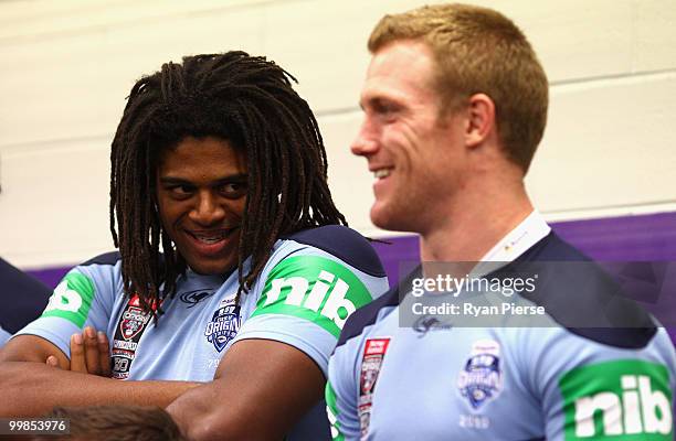 Jamal Idris and Ben Creagh of the NSW Blues look on during the NSW Blues Media Call and team photo session at ANZ Stadium on May 18, 2010 in Sydney,...