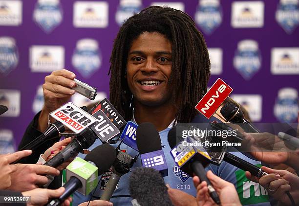 Jamal Idris of the NSW Blues speaks to the media during the NSW Blues Media Call and team photo session at ANZ Stadium on May 18, 2010 in Sydney,...