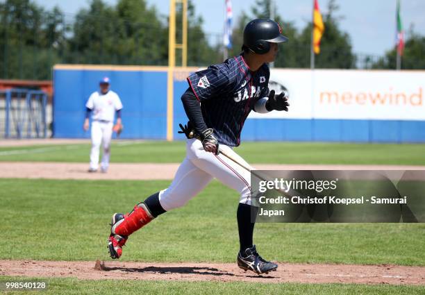 Shoki Katsumata of Japan runs in the seventh inning during the Haarlem Baseball Week game between Chinese Taipei and Japan at the Pim Mulier...