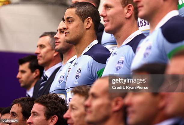 Jarryd Hayne of the NSW Blues looks on during the NSW Blues Media Call and team photo session at ANZ Stadium on May 18, 2010 in Sydney, Australia.