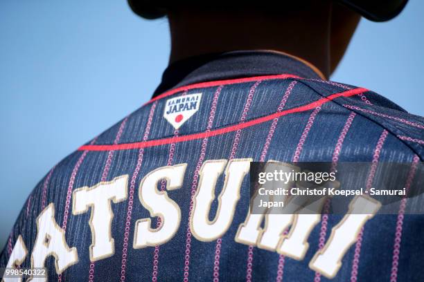 The jersey of the Samurai Japan is seen during the Haarlem Baseball Week game between Chinese Taipei and Japan at the Pim Mulier honkbalstadion on...