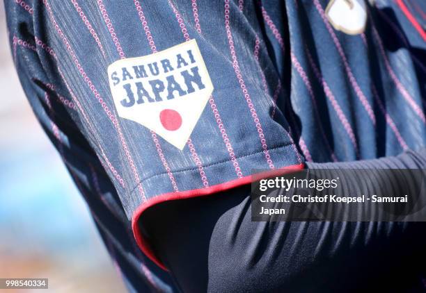 The jersey of the Samurai Japan is seen during the Haarlem Baseball Week game between Chinese Taipei and Japan at the Pim Mulier honkbalstadion on...