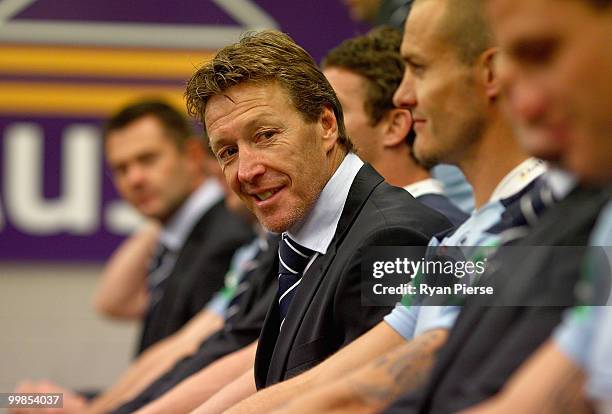 Craig Bellamy, coach of the NSW Blues, looks on during the NSW Blues Media Call and team photo session at ANZ Stadium on May 18, 2010 in Sydney,...