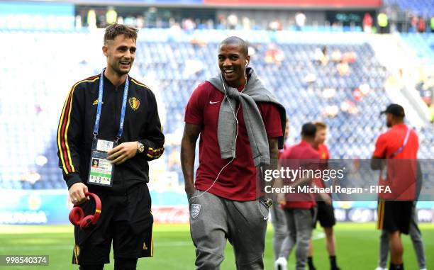 Adnan Januzaj of Belgium speaks with Ashley Young of England during a pitch inspection prior to the 2018 FIFA World Cup Russia 3rd Place Playoff...