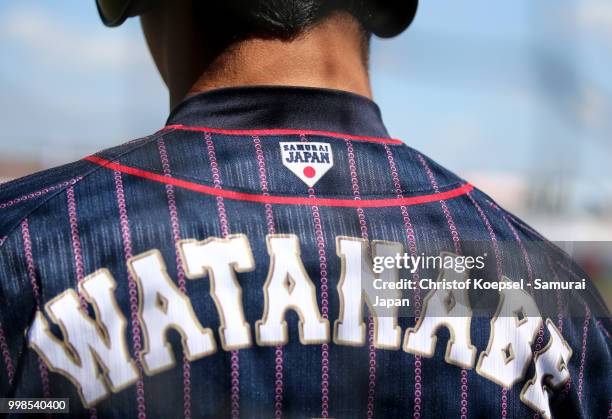 The jersey of Yoshiaki Watanabe of Japan is seen during the Haarlem Baseball Week game between Chinese Taipei and Japan at the Pim Mulier...