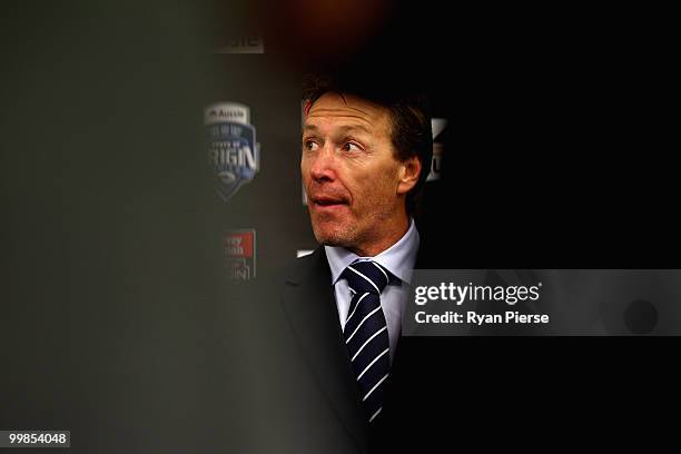 Craig Bellamy, coach of the NSW Blues, looks on during the NSW Blues Media Call and team photo session at ANZ Stadium on May 18, 2010 in Sydney,...