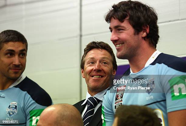 Craig Bellamy , coach of the NSW Blues, and Trent Waterhouse of the NSW Blues look on during the NSW Blues Media Call and team photo session at ANZ...