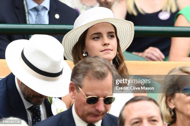 Emma Watson attends day twelve of the Wimbledon Lawn Tennis Championships at All England Lawn Tennis and Croquet Club on July 14, 2018 in London,...
