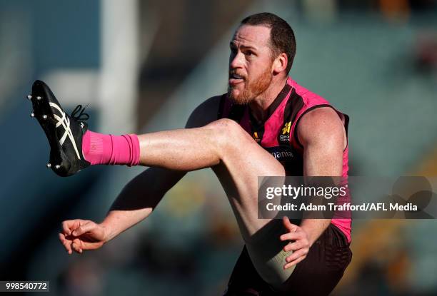 Jarryd Roughead of the Hawks kicks the ball during the 2018 AFL round 17 match between the Hawthorn Hawks and the Brisbane Lions at UTAS Stadium on...