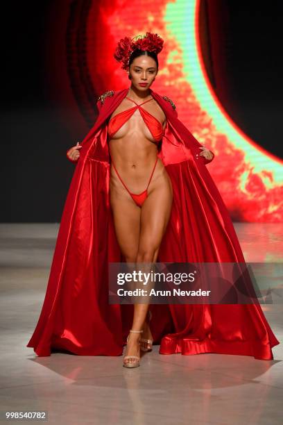 Model walks the runway for Stello at Miami Swim Week powered by Art Hearts Fashion Swim/Resort 2018/19 at Faena Forum on July 13, 2018 in Miami...