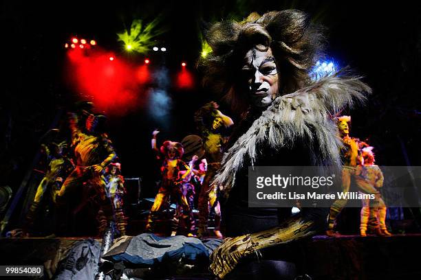 Performer John O'Hara plays the character Rum Tum Rugger on stage during a media preview for the musical CATS at the Lyric Theatre, Star City on May...