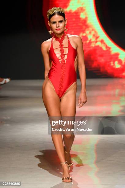 Model walks the runway for Stello at Miami Swim Week powered by Art Hearts Fashion Swim/Resort 2018/19 at Faena Forum on July 13, 2018 in Miami...