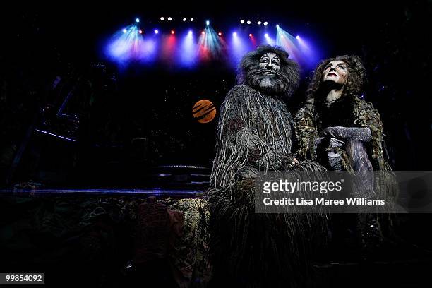 John Ellis and Delia Hannah appear on stage during a media preview for the musical CATS at the Lyric Theatre, Star City on May 18, 2010 in Sydney,...