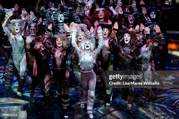 Cast members perform on stage during a media preview for the musical CATS at the Lyric Theatre, Star City on May 18, 2010 in Sydney, Australia. The...