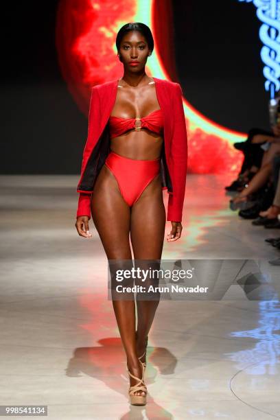 Model walks the runway for Stello at Miami Swim Week powered by Art Hearts Fashion Swim/Resort 2018/19 at Faena Forum on July 13, 2018 in Miami...