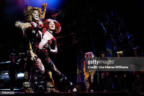 Performer John O'Hara plays the character Rum Tum Rugger alongside cast members on stage during a media preview for the musical CATS at the Lyric...