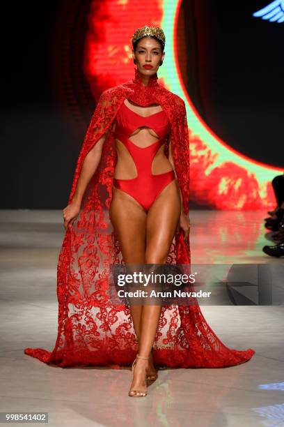 Model walks the runway for Stello at Miami Swim Week powered by Art Hearts Fashion Swim/Resort 2018/19 at Faena Forum on July 13, 2018 in Miami...