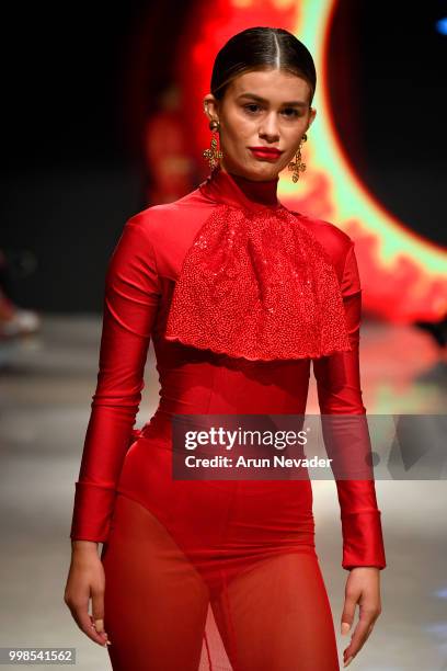 Model walks the runway for Stello at Miami Swim Week powered by Art Hearts Fashion Swim/Resort 2018/19 at Faena Forum on July 13, 2018 in Miami...