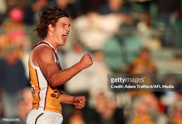 Jarrod Berry of the Lions celebrates a goal to seal the match during the 2018 AFL round 17 match between the Hawthorn Hawks and the Brisbane Lions at...