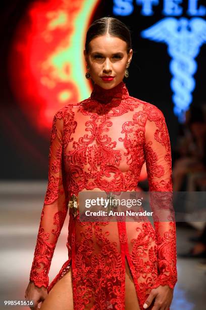 Model walks the runway for Stello at Miami Swim Week powered by Art Hearts Fashion Swim/Resort 2018/19 at Faena Forum on July 13, 2018 in Miami...