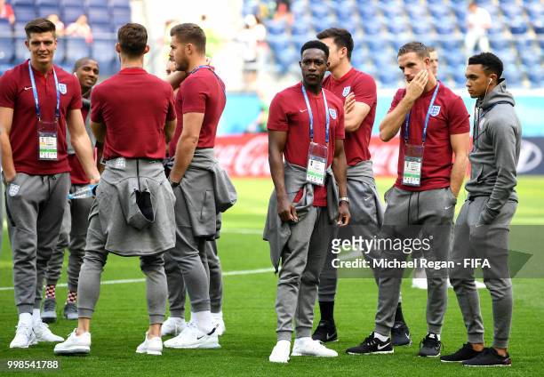Danny Welbeck of England looks on during a pitch inspection prior to the 2018 FIFA World Cup Russia 3rd Place Playoff match between Belgium and...