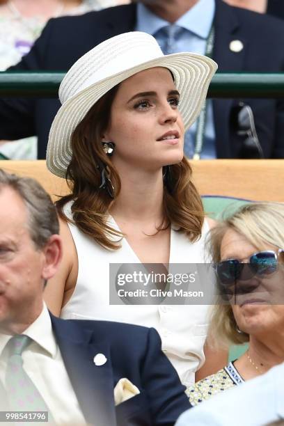 Emma Watson attends day twelve of the Wimbledon Lawn Tennis Championships at All England Lawn Tennis and Croquet Club on July 14, 2018 in London,...