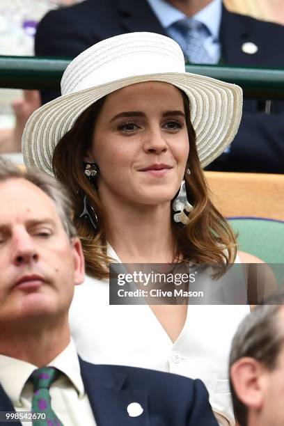 Emma Watson attends day twelve of the Wimbledon Lawn Tennis Championships at All England Lawn Tennis and Croquet Club on July 14, 2018 in London,...