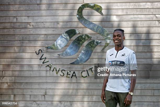 Joel Asoro poses for a picture after Swansea City Unveil New Signing Joel Asoro at The Fairwood Training Ground on July 13, 2018 in Swansea, Wales.