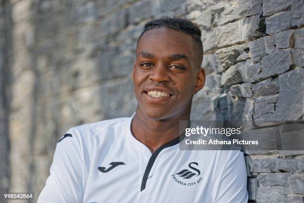 Joel Asoro poses for a picture after Swansea City Unveil New Signing Joel Asoro at The Fairwood Training Ground on July 13, 2018 in Swansea, Wales.