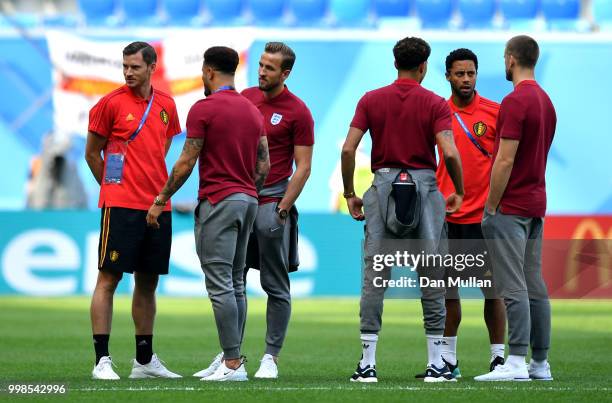 Jan Vertonghen of Belgium, Harry Kane and Kyle Walker of England speak during a pitch inspection prior to the 2018 FIFA World Cup Russia 3rd Place...