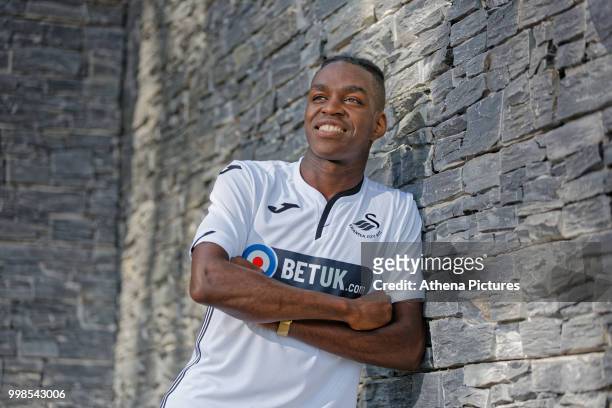 Joel Asoro poses for a picture after Swansea City Unveil New Signing Joel Asoro at The Fairwood Training Ground on July 13, 2018 in Swansea, Wales.