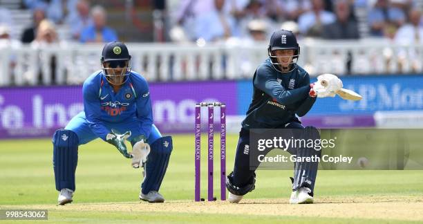Joe Root of England bats during the 2nd ODI Royal London One-Day match between England and India at Lord's Cricket Ground on July 14, 2018 in London,...