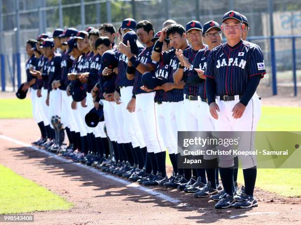 The team of Japan stands for the national anthem prior to the Haarlem Baseball Week game between Chinese Taipei and Japan at the Pim Mulier...