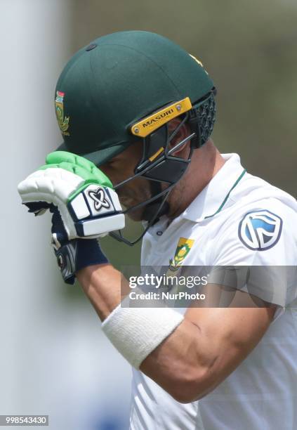 South African cricket captain Faf Du Plessis walks off after his dismissal during the 3rd day's play in the first Test cricket match between Sri...